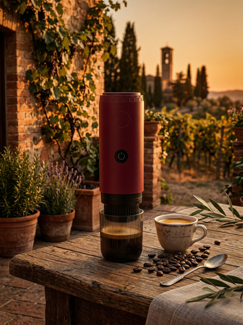 PressoBottle Rosso — draagbare espressomachine voor op reis en op kantoor