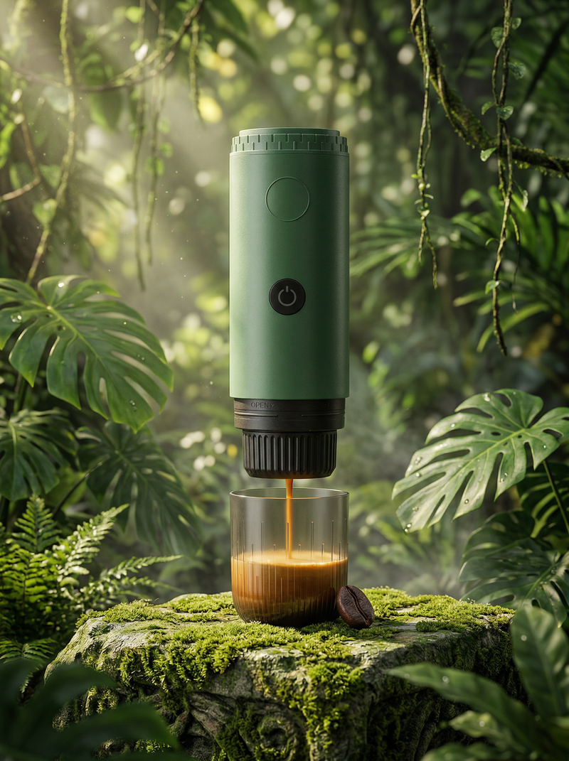 PressoBottle Forest Green — draagbare espressomachine voor op reis en op kantoor