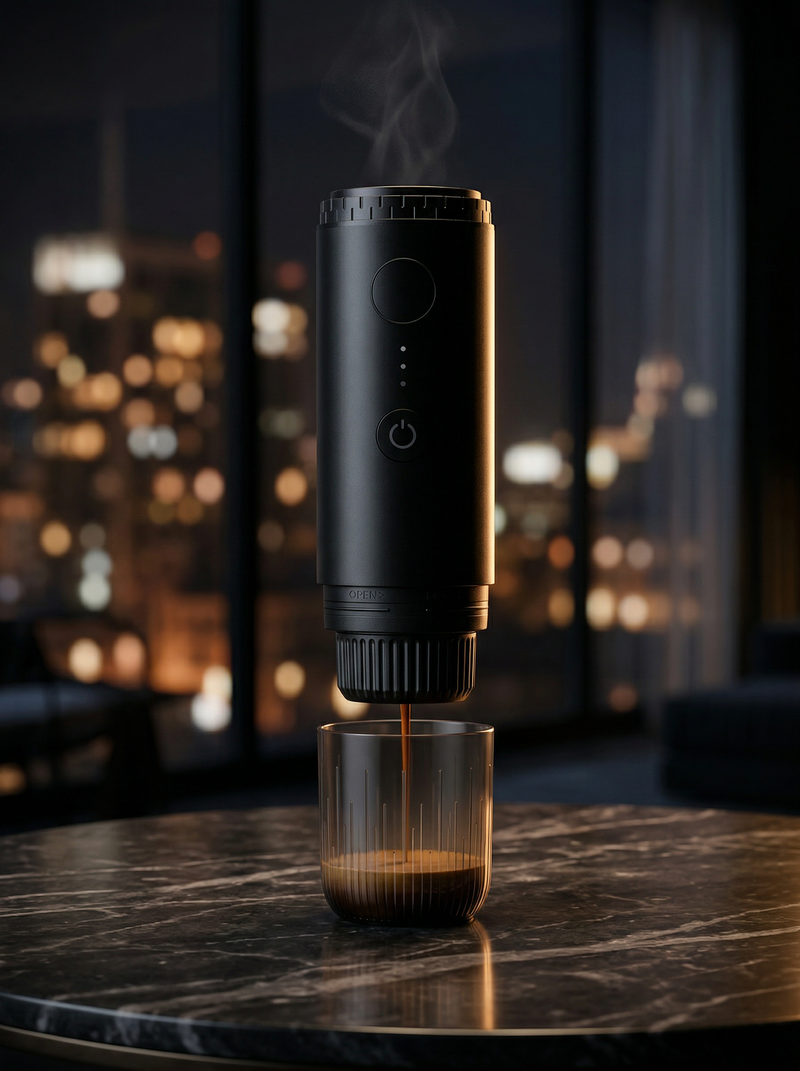 PressoBottle Midnight Black — draagbare espressomachine voor op reis en op kantoor
